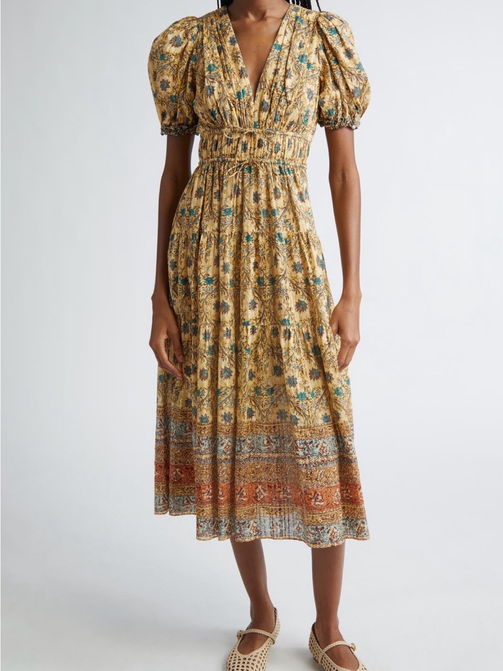 Ulla JohnsonFloral V-Neck Puff Sleeve Midi Dress in yellows, oranges, blues